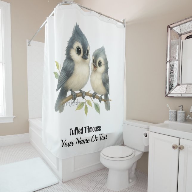 Bold Curious Tufted Titmouse Shower Curtain (In Situ)