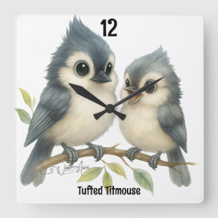 Bold Curious Tufted Titmouse Square Wall Clock