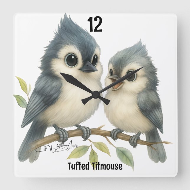 Bold Curious Tufted Titmouse Square Wall Clock (Front)