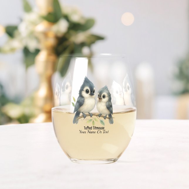 Bold Curious Tufted Titmouse Stemless Wine Glass (Insitu (Wedding))