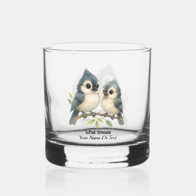 Bold Curious Tufted Titmouse Whiskey Glass (Front)