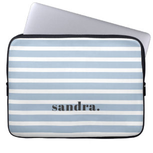 Bold Custom Name Dusty Blue Stripes Personalised Laptop Sleeve