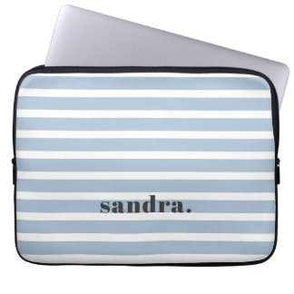 Bold Custom Name Dusty Blue Stripes Personalised Laptop Sleeve