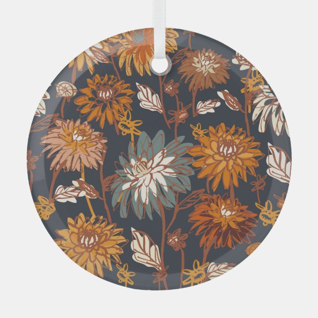 Bold Dahlia Chrysanthemum Chinese Pattern Glass Tree Decoration (Front)