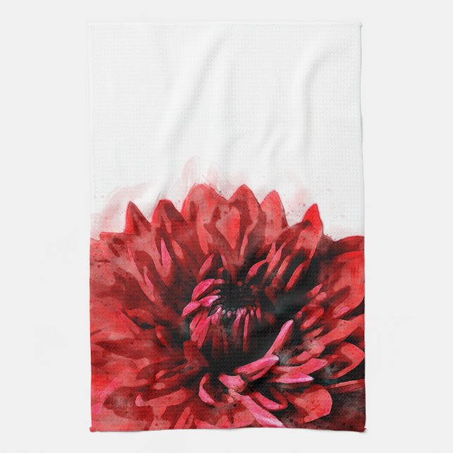 Bold Dahlia Watercolor Crimson Kitchen Towel (Vertical)