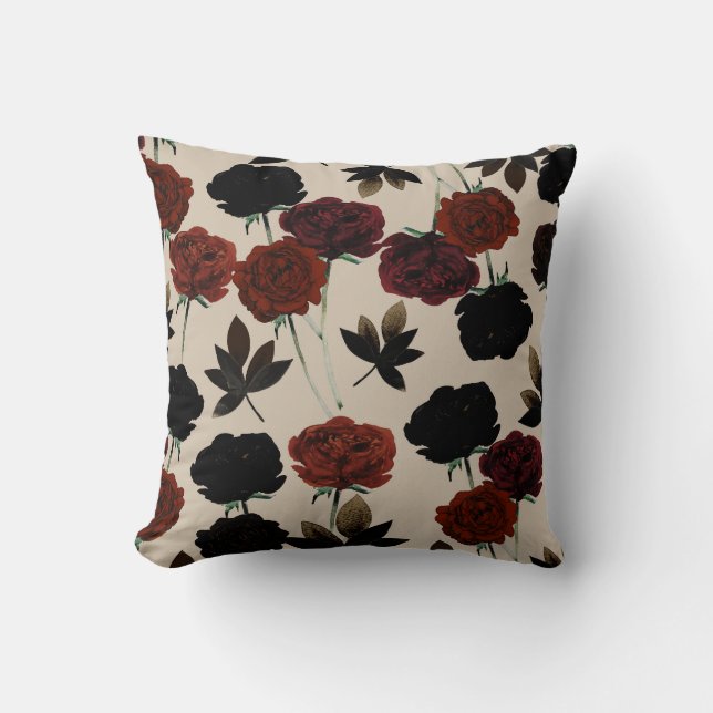 Bold Dark Floral Red & Black Beige Botanical Cushion (Front)