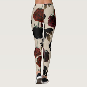 Bold Dark Floral Red & Black Beige Botanical Leggings