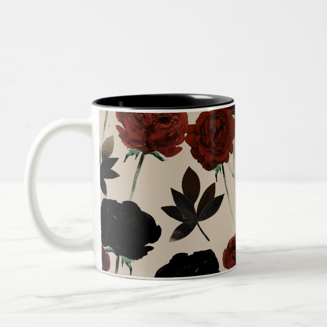 Bold Dark Floral Red & Black Beige Botanical Two-Tone Coffee Mug (Left)