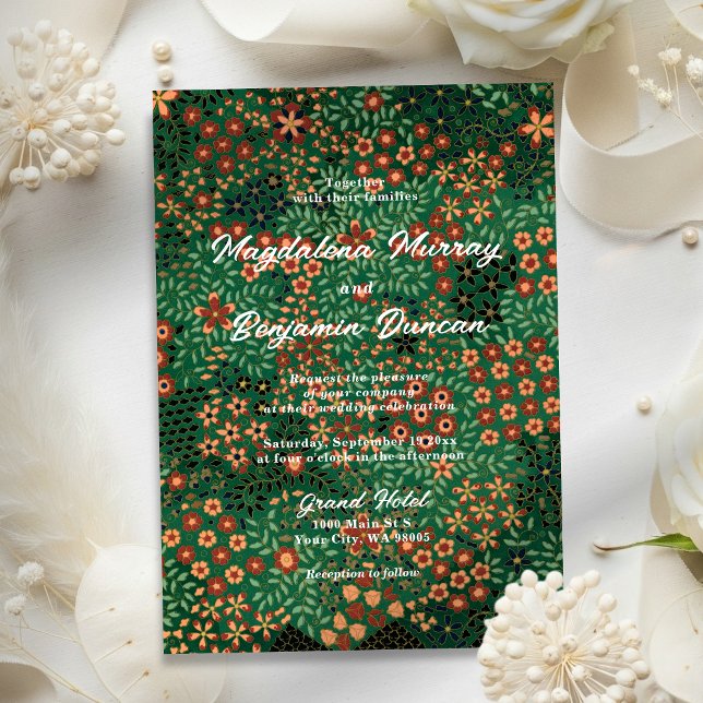 Bold Dark Green Red Floral Earthy Textile Wedding Invitation (Creator Uploaded)