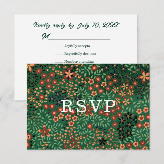 Bold Dark Green Red Floral Textile Wedding Meal RSVP Card (Front/Back)