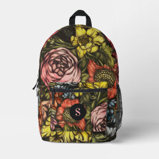 Bold Dark Vintage Florals Blush Pink Monogram Printed Backpack