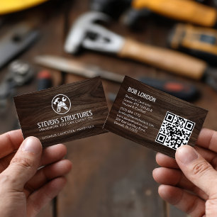 Bold Dark Wood Construction QR Code Contractor Business Card