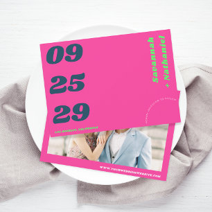 Bold Date Pink & Green Retro Photo Website Wedding Save The Date