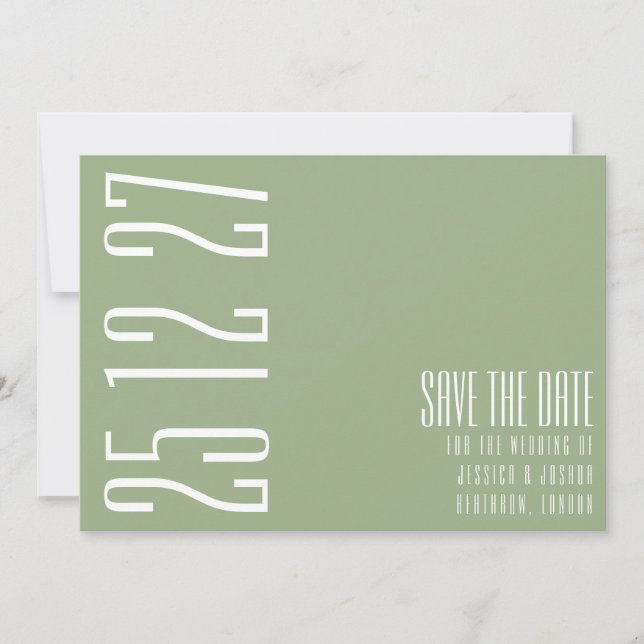 Bold Date Sage Green White Simplistic Wedding Save The Date (Front)
