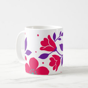 Bold Deep Pink Floral Design with Purple Leaves Coffee Mug