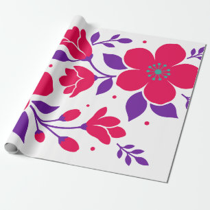Bold Deep Pink Floral Design with Purple Leaves Wrapping Paper