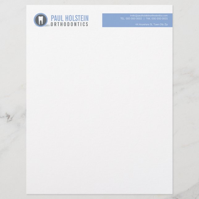 BOLD DENTIST LETTERHEAD :: modern tooth logo azure (Front)