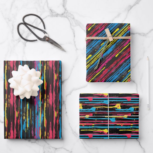 Bold Dripping Paint Pattern on Black Wrapping Paper Sheet (Front)