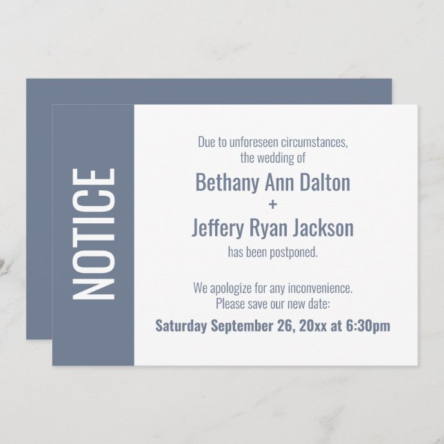 Bold Dusty Blue Notice, Postponed Wedding Card (Front/Back)