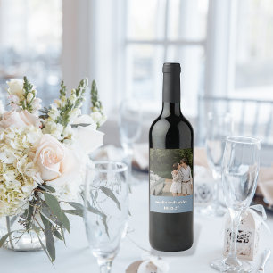 Bold Dusty Blue Retro Custom Wedding Photo Wine Label