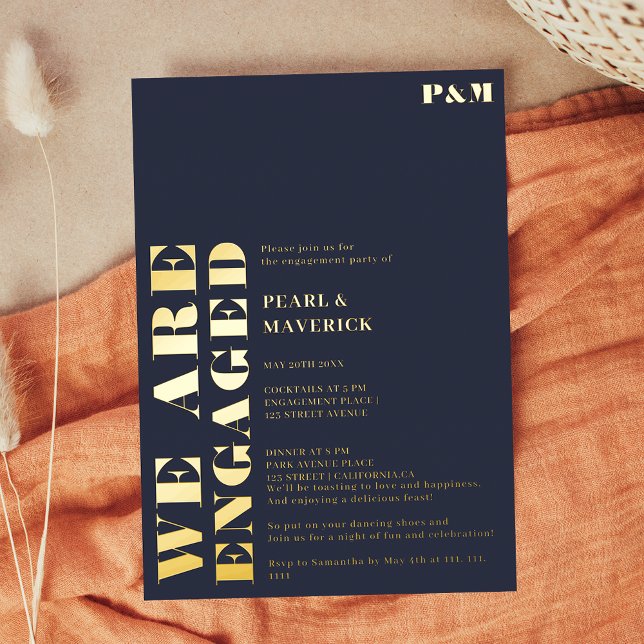Bold dusty navy blue wedding engagement party (Bold dusty navy blue wedding engagement party foil invitation)