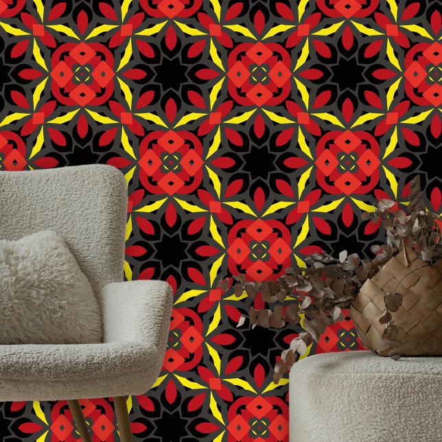 Bold Dynamic Red Black Yellow Stylised Floral  Wallpaper (Creator Uploaded)