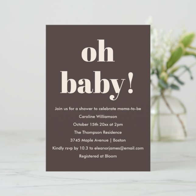 Bold Earthy Brown Modern Fun Simple Baby Shower Invitation (Standing Front)