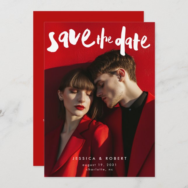 Bold Edgy Modern Brush Script Photo Wedding Save The Date (Front/Back)