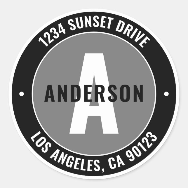 Bold Editable Text & Monogram | Black White & Grey Classic Round Sticker (Front)