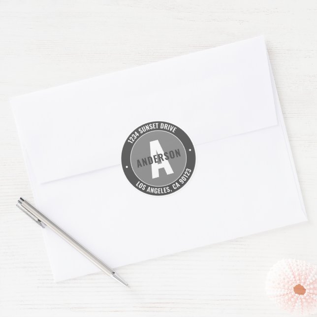 Bold Editable Text & Monogram | Grey & White Classic Round Sticker (Envelope)