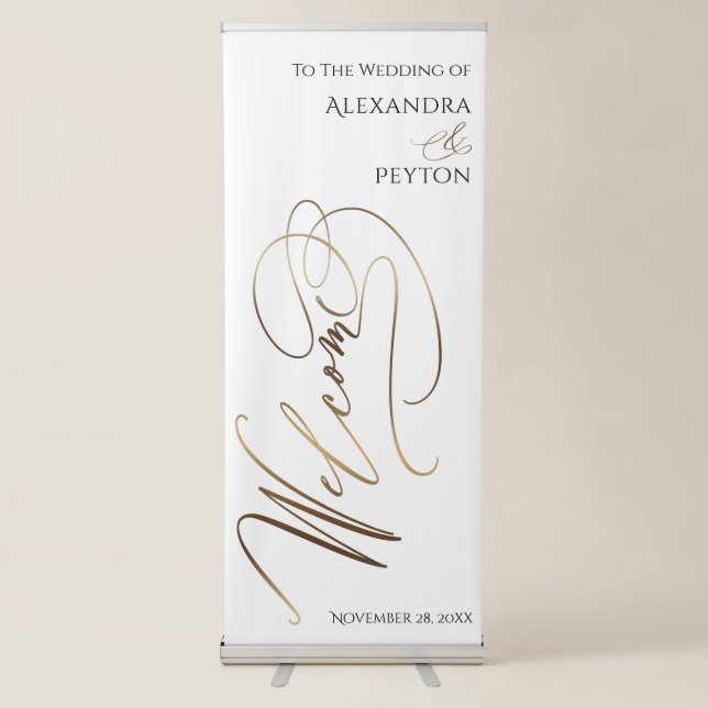 Bold Elaborate Gold Welcome Calligraphy Wedding Retractable Banner (Front)