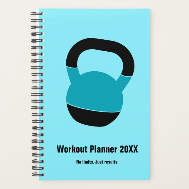 Bold Electric-Blue Black Kettlebell Motto Workout Planner (Front)