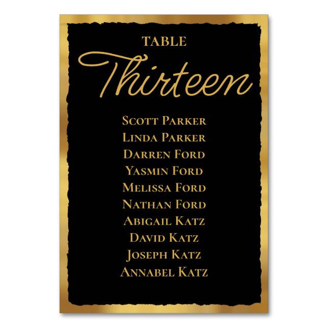 Bold Elegance Black Gold Edge Seating Chart Table Number (Front)