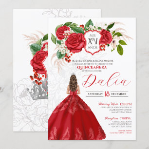 Bold Elegance Red Roses Floral Crest Quinceanera Invitation