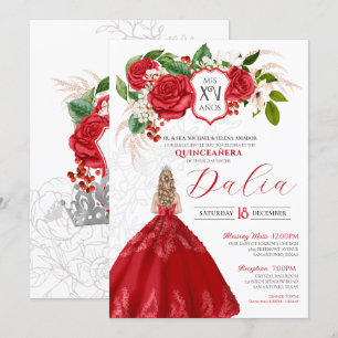 Bold Elegance Red Roses Floral Crest Quinceanera Invitation