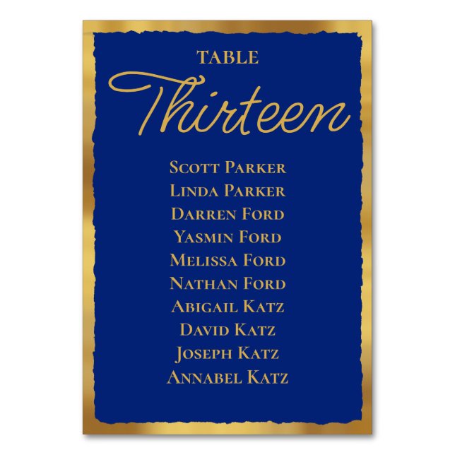 Bold Elegance Royal Blue Gold Edge Seating Chart Table Number (Front)