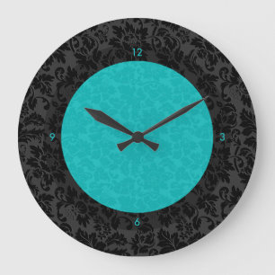 Bold Elegant Black And Turquoise Floral Damasks Large Clock