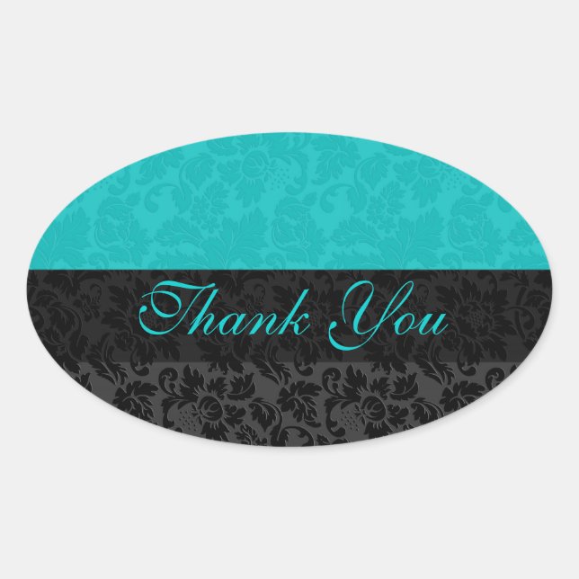 Bold Elegant Black & Turquoise Floral Damasks Oval Sticker (Front)
