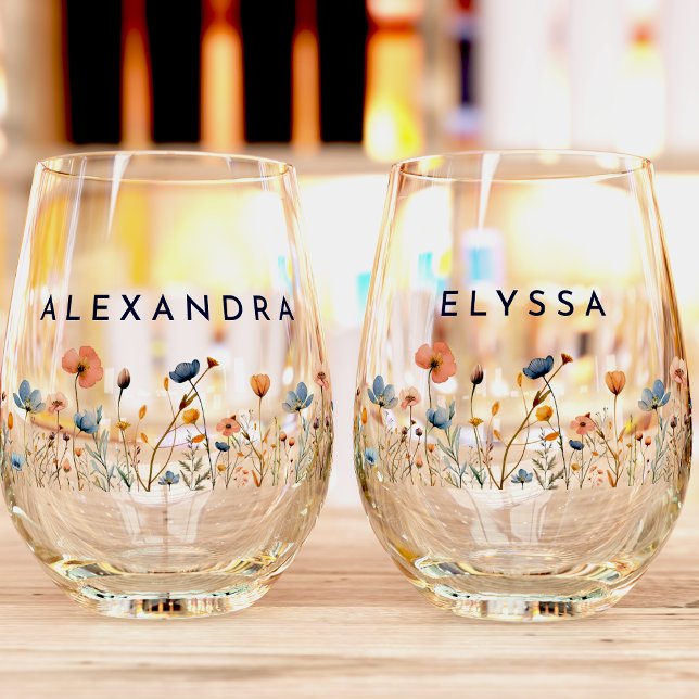 Bold Elegant Floral Wedding Bridal Party Stemless Wine Glass (Creator Uploaded)