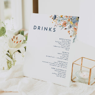 Bold Elegant Floral Wedding Drinks Menu Pedestal Sign