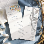 Bold Elegant Floral Wedding Flat Programme<br><div class="desc">Introducing our Bold Elegant Floral Wedding Flat Program Design, a modern celebration of nature's artistry, featuring colourful floral watercolor arrangements in lovely hues of blush pink, navy and dusty blue, peach, and yellow with soft eucalyptus greenery beautifully set against a simple pristine white canvas with minimalist dark blue typography, creating...</div>