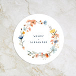 Bold Elegant Floral Wedding Round Paper Coaster<br><div class="desc">Introducing our Bold Elegant Floral Wedding Round Paper Coaster Design, a modern celebration of nature's artistry, featuring colourful floral watercolor arrangements in lovely hues of blush pink, navy and dusty blue, peach, and yellow with soft eucalyptus greenery beautifully set against a simple pristine white canvas with minimalist dark blue typography,...</div>