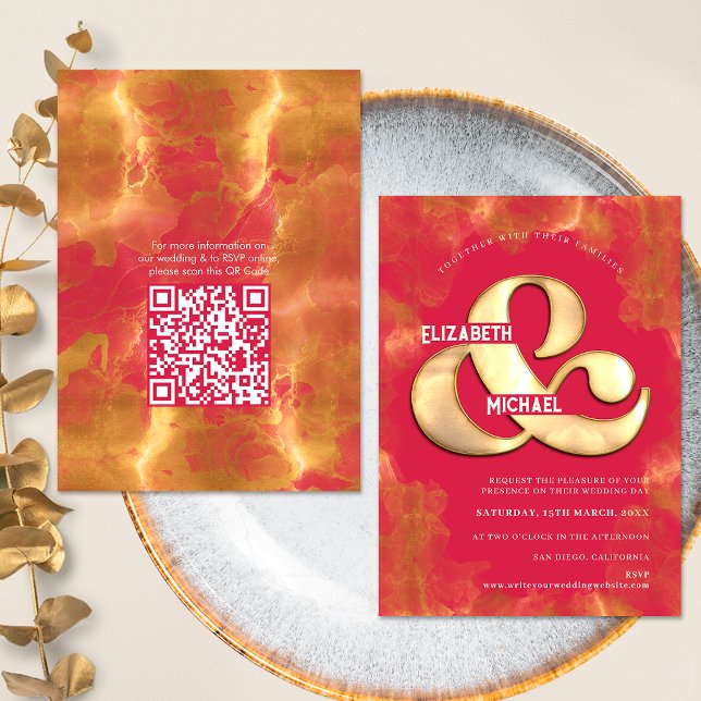 Bold Elegant Gold Magenta Wedding QR Code Detail Invitation (Front / Back)