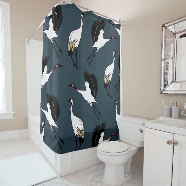 Bold Elegant Japanese Cranes Dark Navy Blue Shower Curtain (In Situ)