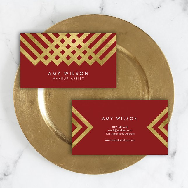 Bold Elegant Red Faux Gold Geometric Makeup Artist Business Card (Creator Uploaded)