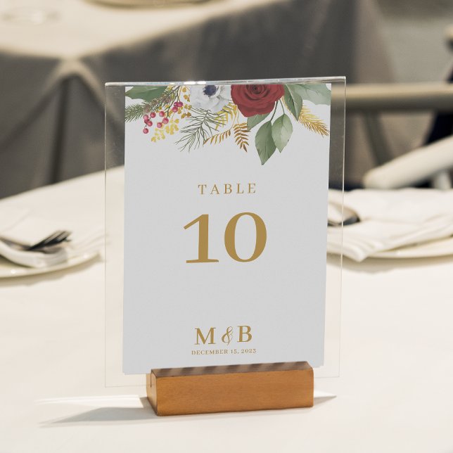 Bold Elegant Red Gold Floral Monogram Wedding Table Number (Creator Uploaded)