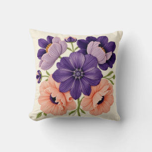 Bold Embroidered Blooms Violet Throw Pillow