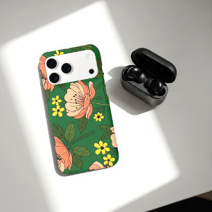 Bold Emerald Green and Peach Modern Floral Pattern