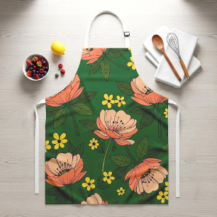 Bold Emerald Green and Peach Modern Floral Pattern Apron