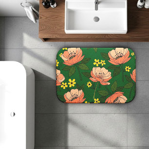 Bold Emerald Green and Peach Modern Floral Pattern Bath Mat